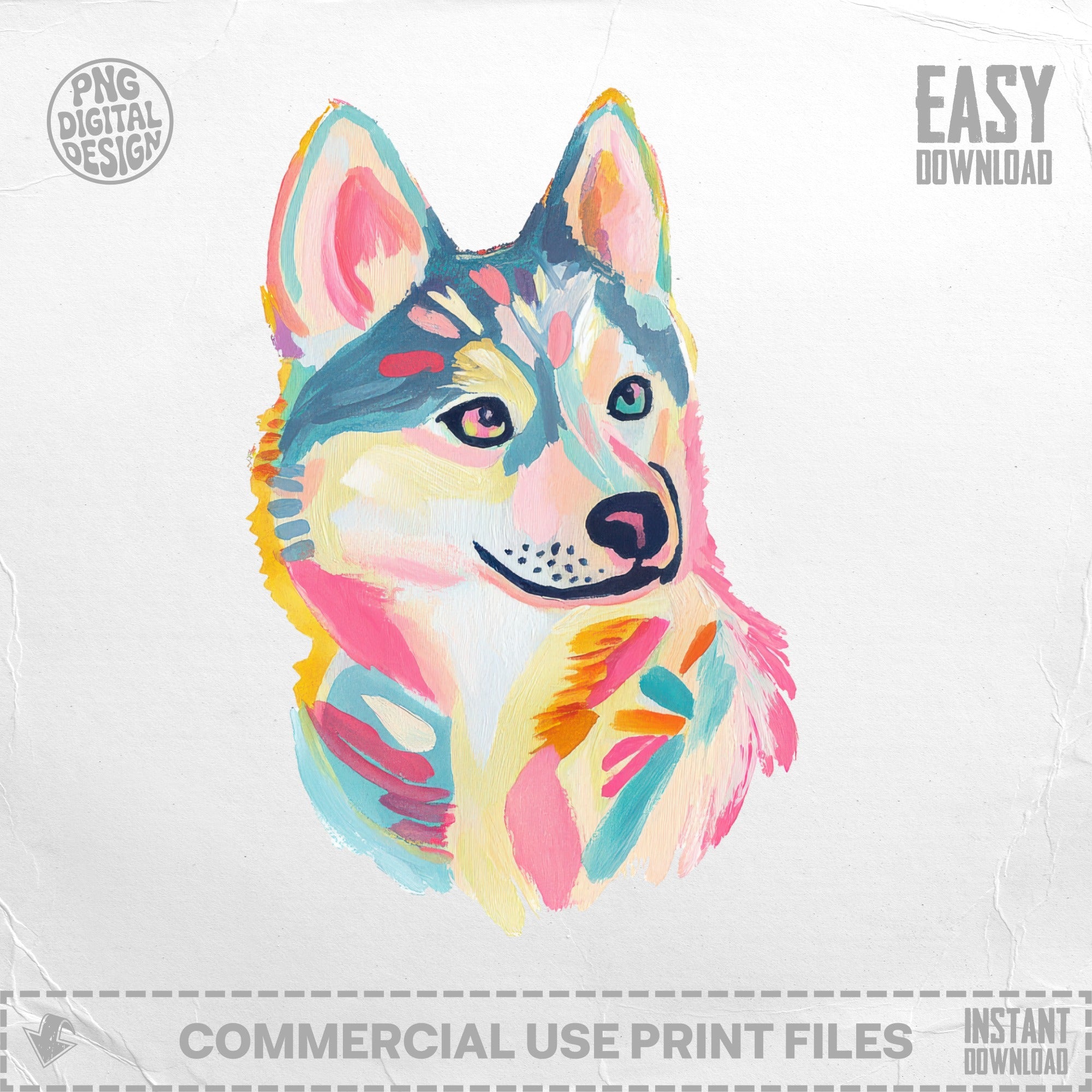 Colorful abstract husky dog portrait with "EASY DOWNLOAD" text.