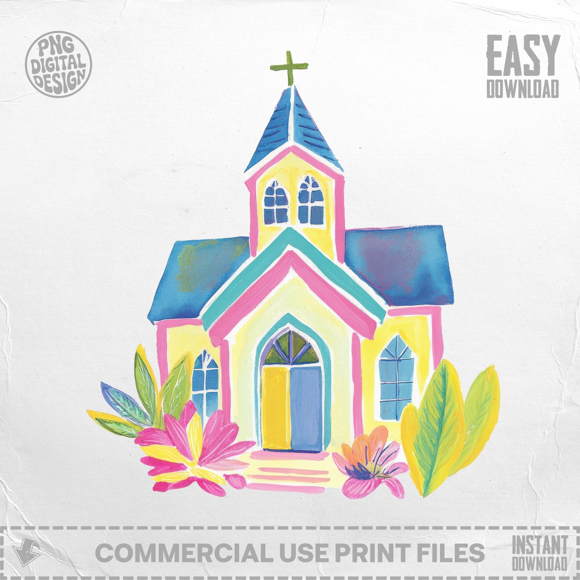 Watercolor painting of a colorful church with flowers and leaves.