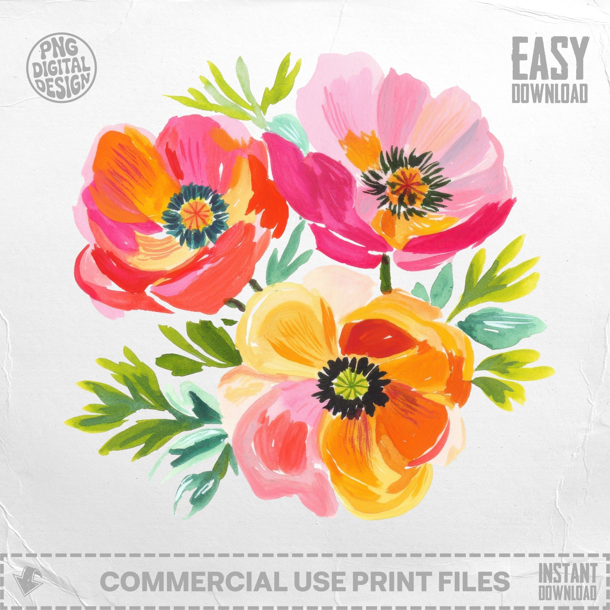 Vibrant watercolor floral bouquet with pink, orange, and yellow blooms.
