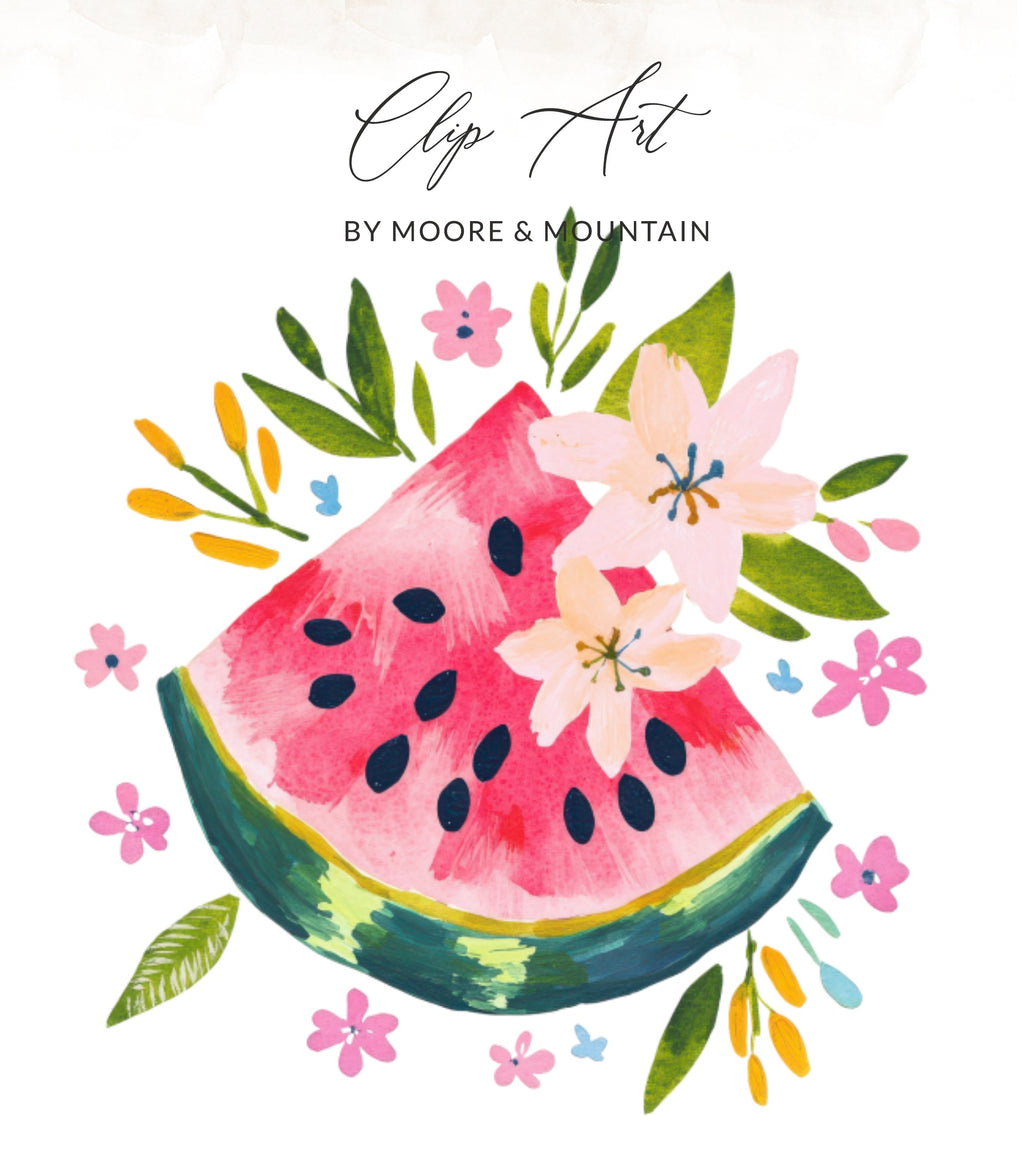 Watercolor watermelon slice with flowers, leaves, and "Clip Art by Moore & Mountain" text.