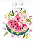 Watercolor watermelon slice with flowers, leaves, and "Clip Art by Moore & Mountain" text.