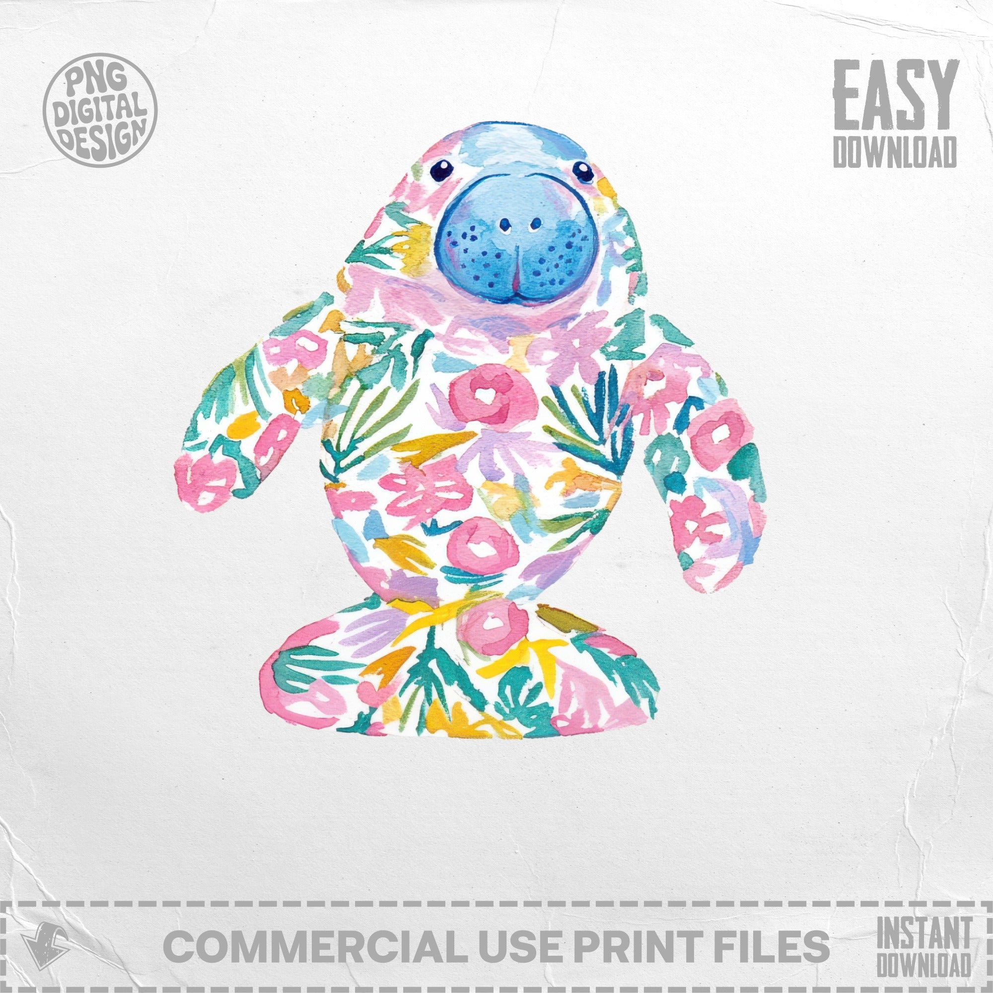 Watercolor manatee with floral pattern, "EASY DOWNLOAD" text.
