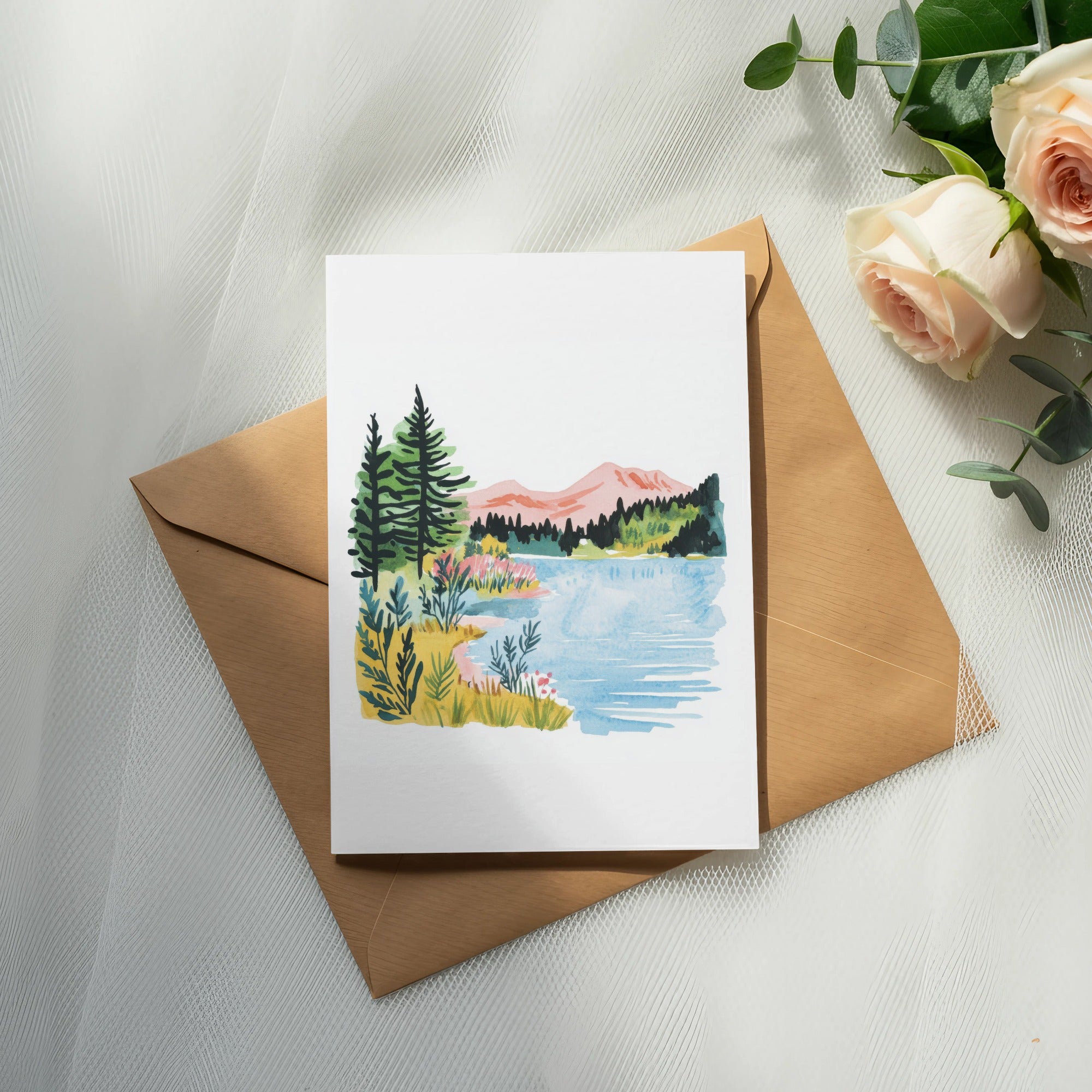 Watercolor painting of a lake with trees and mountains on a card.