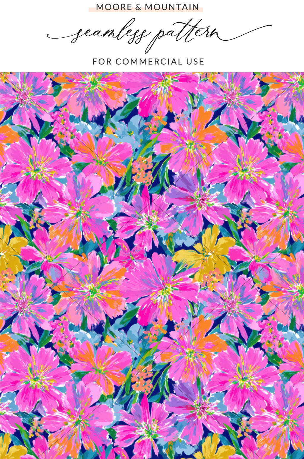 Floral pattern with bright pink and yellow flowers on a dark blue background.