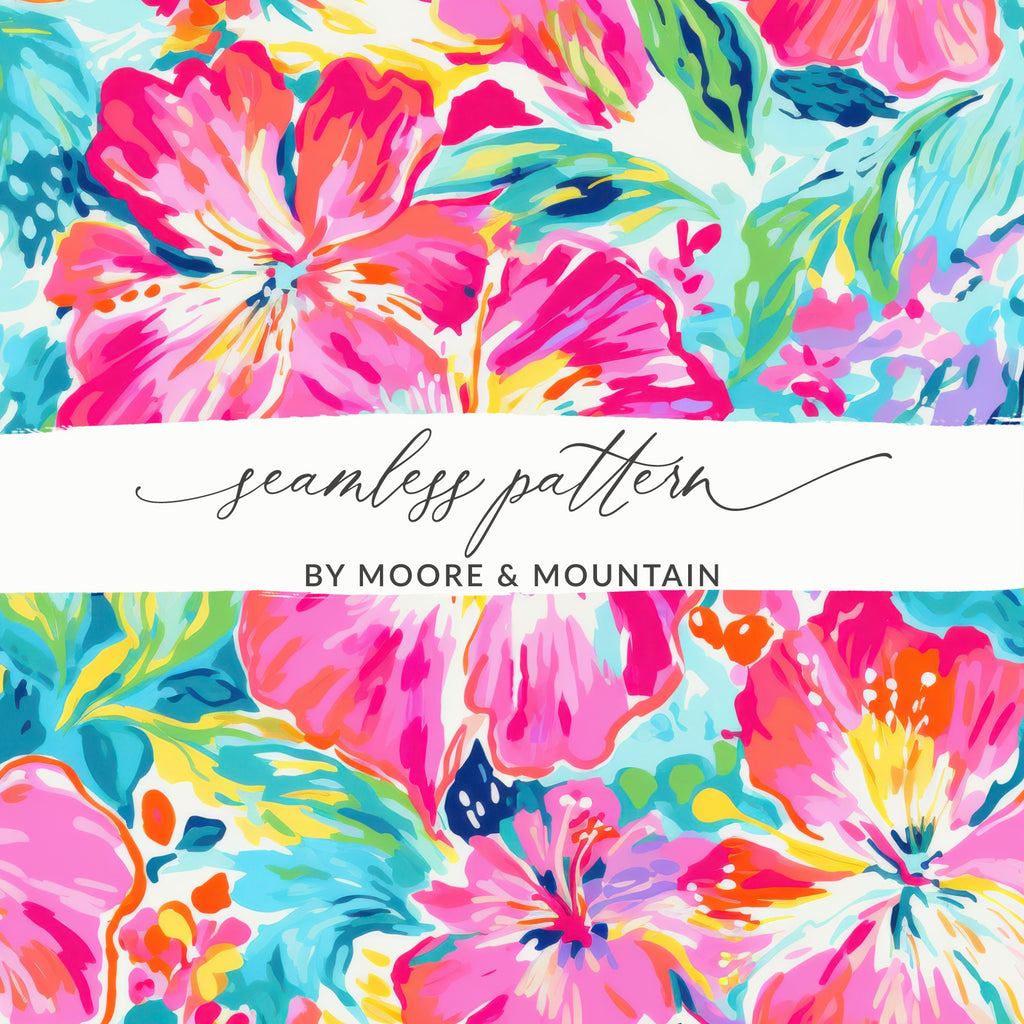 Seamless pattern of vibrant pink and blue floral blooms.