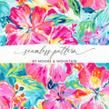 Seamless pattern of vibrant pink and blue floral blooms.