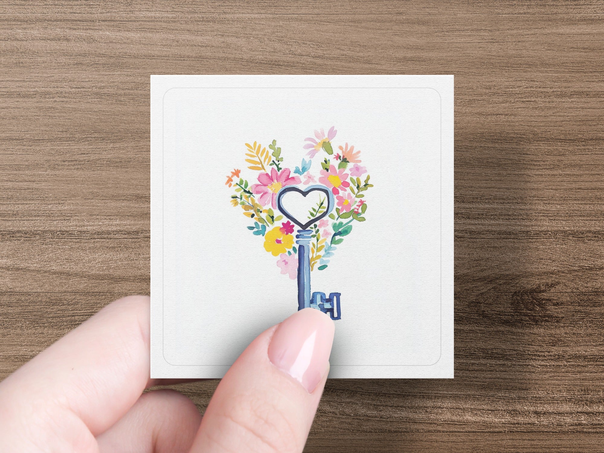 Floral heart key design on a white card held by a hand.