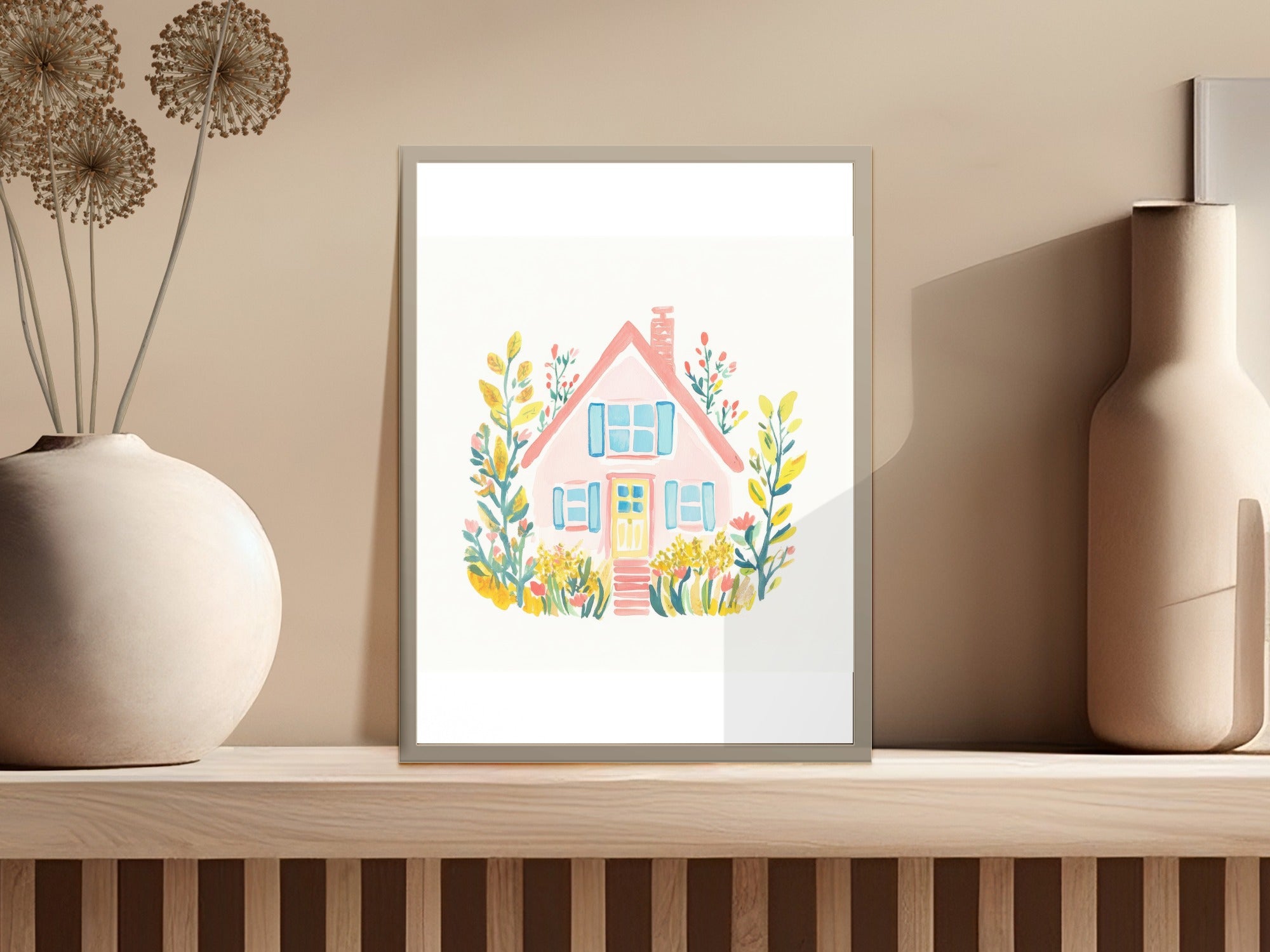 Watercolor illustration of a pink house with blue windows and yellow flowers.