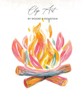 Watercolor campfire with wood logs and colorful flames.
