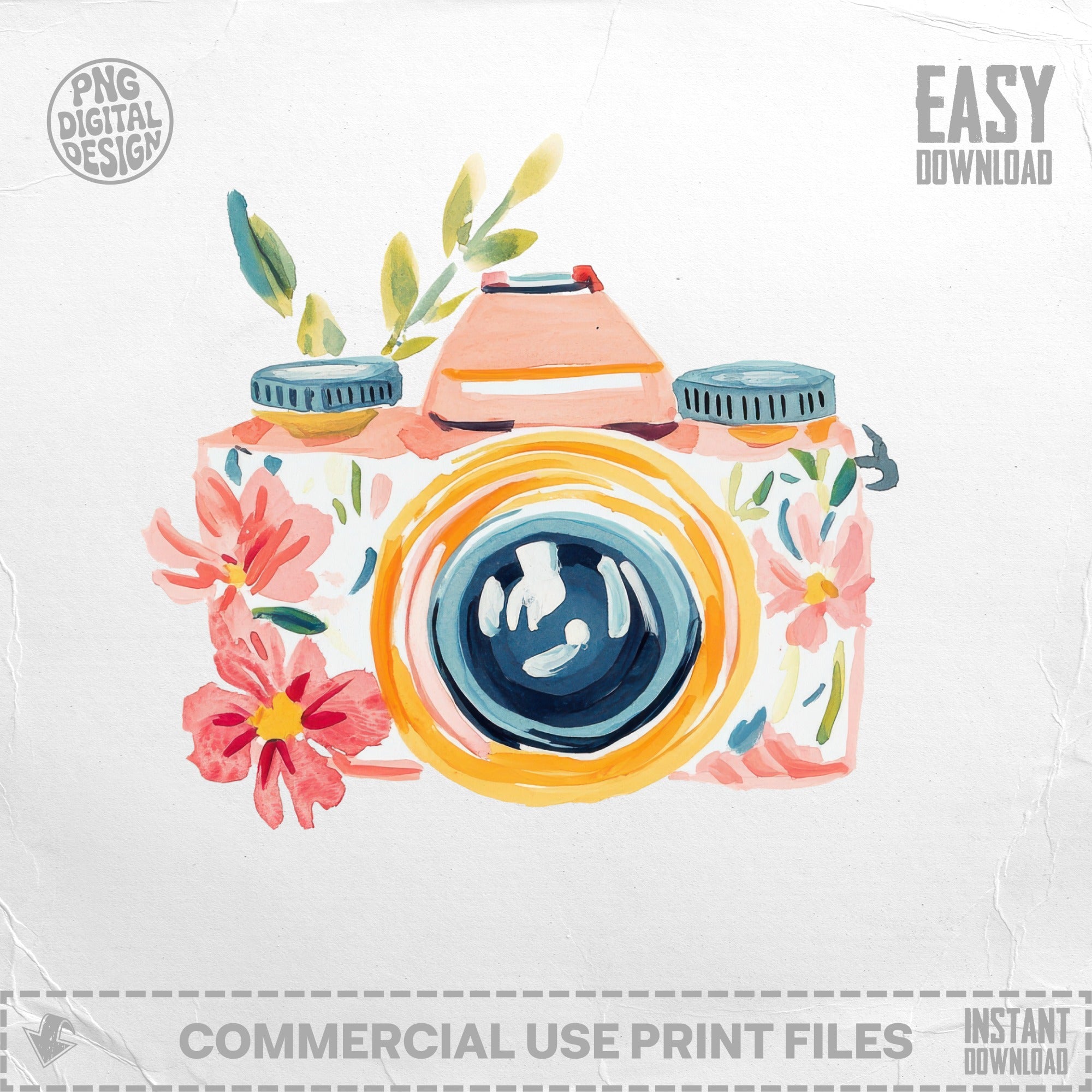 Watercolor illustration of a floral camera with "Easy Download" text.