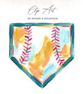 Watercolor home plate with stitching, labeled "Clip Art BY MOORE & MOUNTAIN".