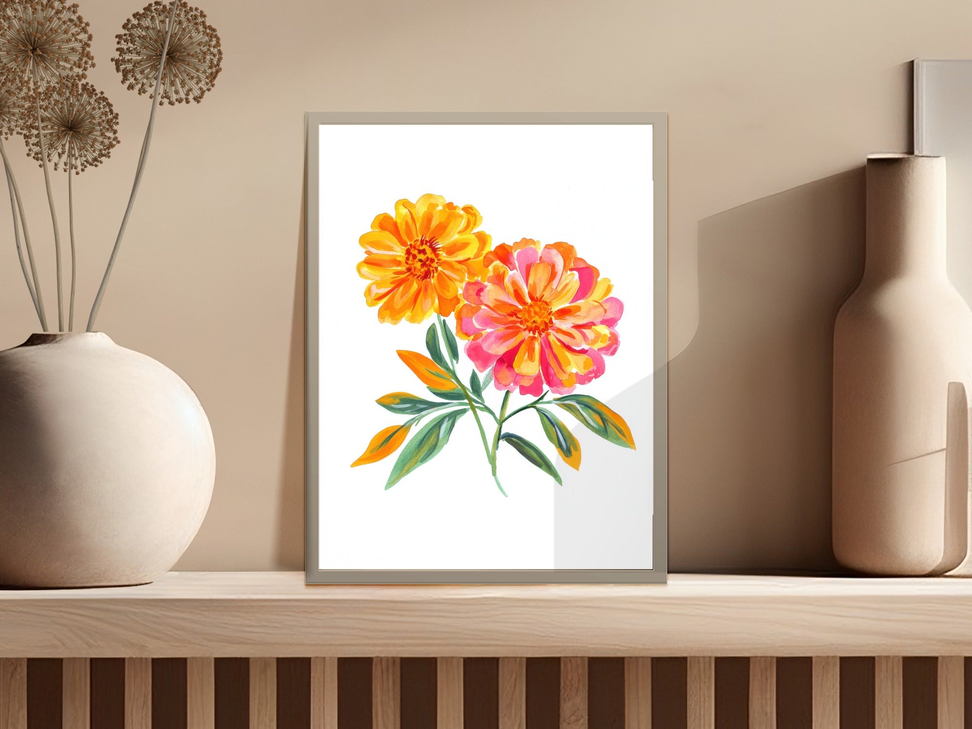Watercolor painting of two vibrant orange and pink dahlias with green leaves.