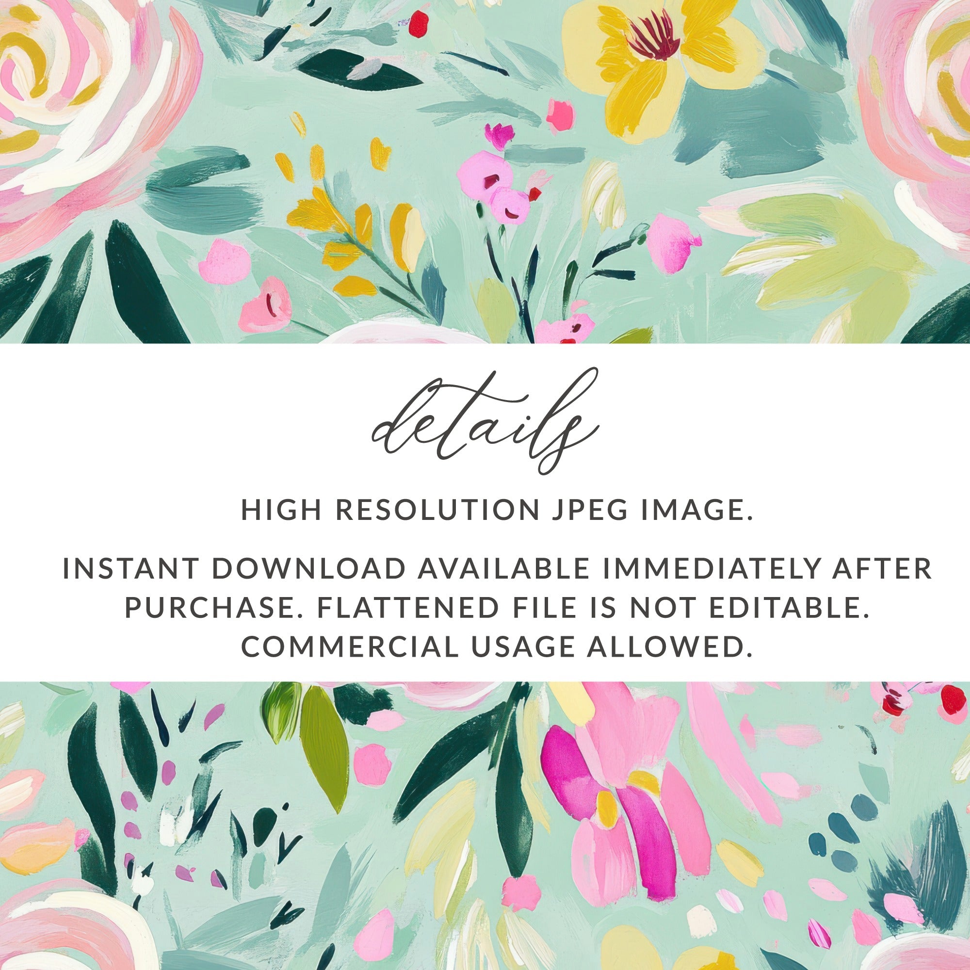 Abstract Floral Seamless Pattern Digital, Spring Ditsy Green Pink Yellow Flowers, Modern Gouache Painted Fine Art Floral Print, Digital