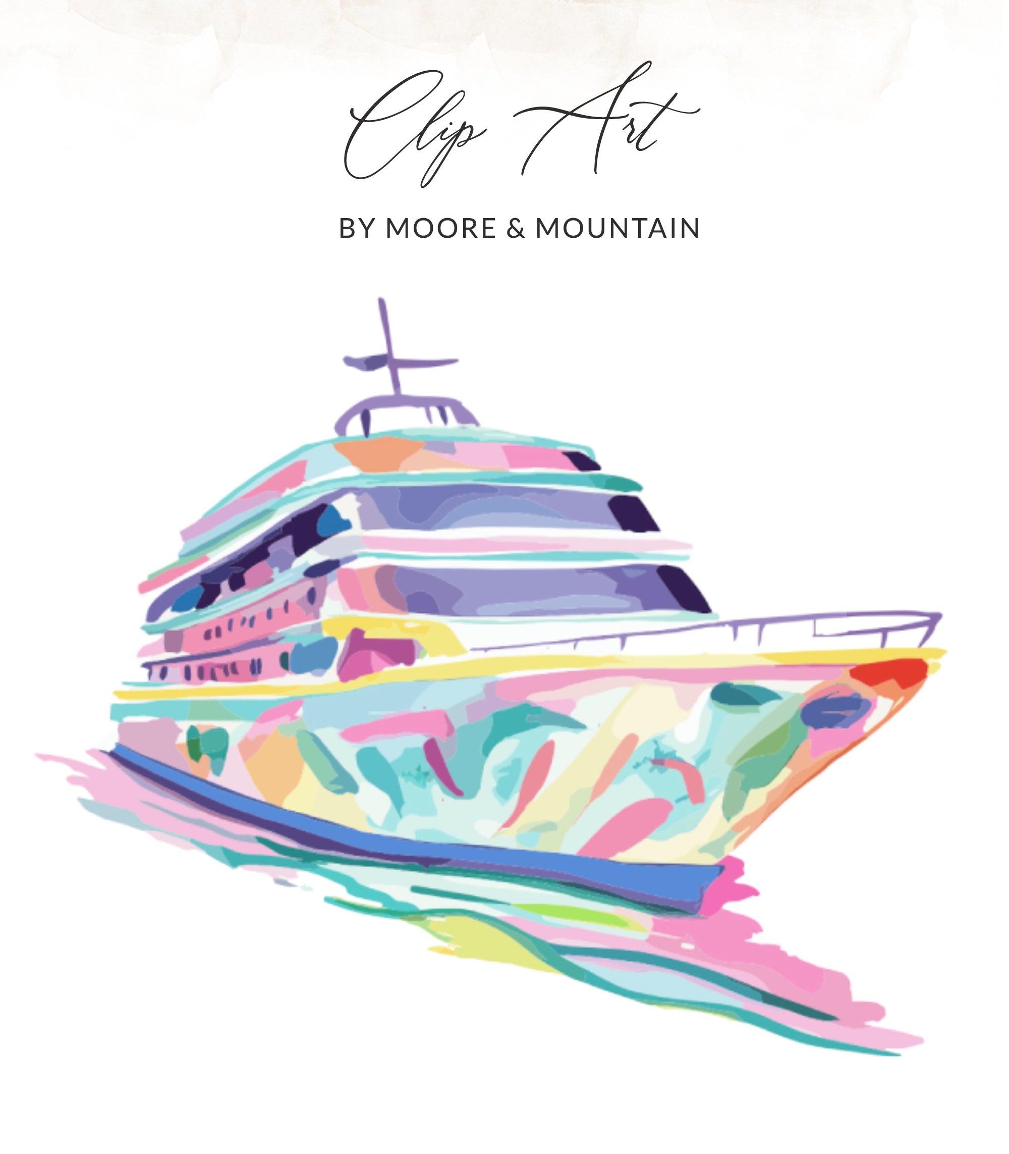 Colorful abstract yacht illustration with "Clip Art" and "BY MOORE & MOUNTAIN" text.