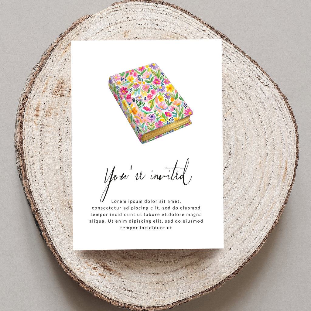 Floral book illustration on an invitation that says "You're invited".