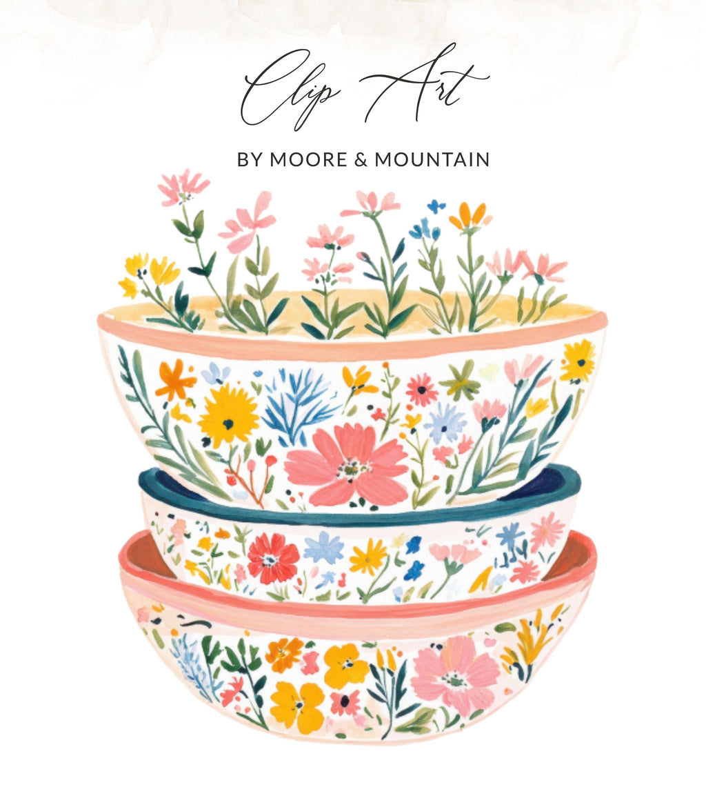 Three stacked ceramic bowls filled with colorful wildflowers.