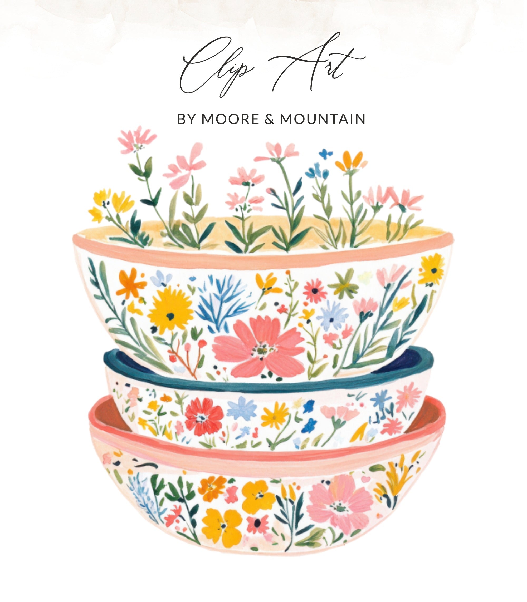 Three stacked ceramic bowls filled with colorful wildflowers.
