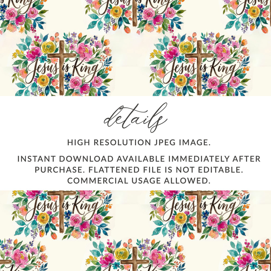 Jesus is King Floral Cross Watercolor Faith Product Type

Christian pattern, Jesus is King, Floral design, Watercolor art, Religious print, Cross symbol, Faith based, Digital download, Commercial use, Seamless pattern, Scripture art, Bible verse, Inspirational, Divinity design, Vibrant flowers, God's love, Holy Cross, Spiritual gift, Devotional art, Christian artwork