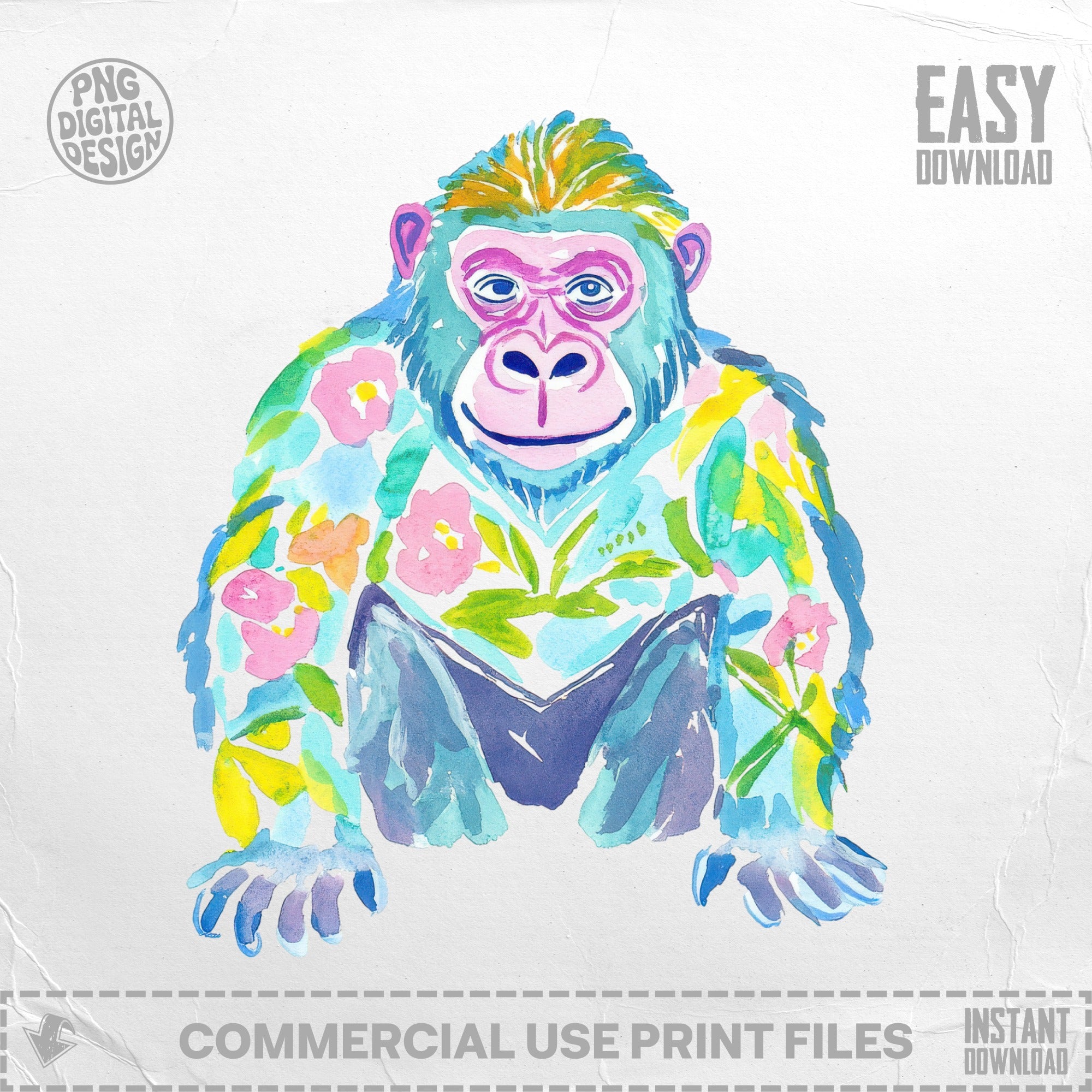 Watercolor gorilla with floral pattern, "EASY DOWNLOAD" text.