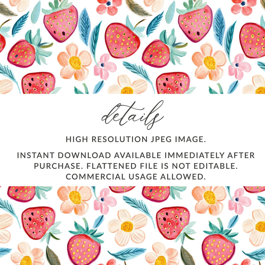 Seamless strawberry and floral pattern, high resolution JPEG.