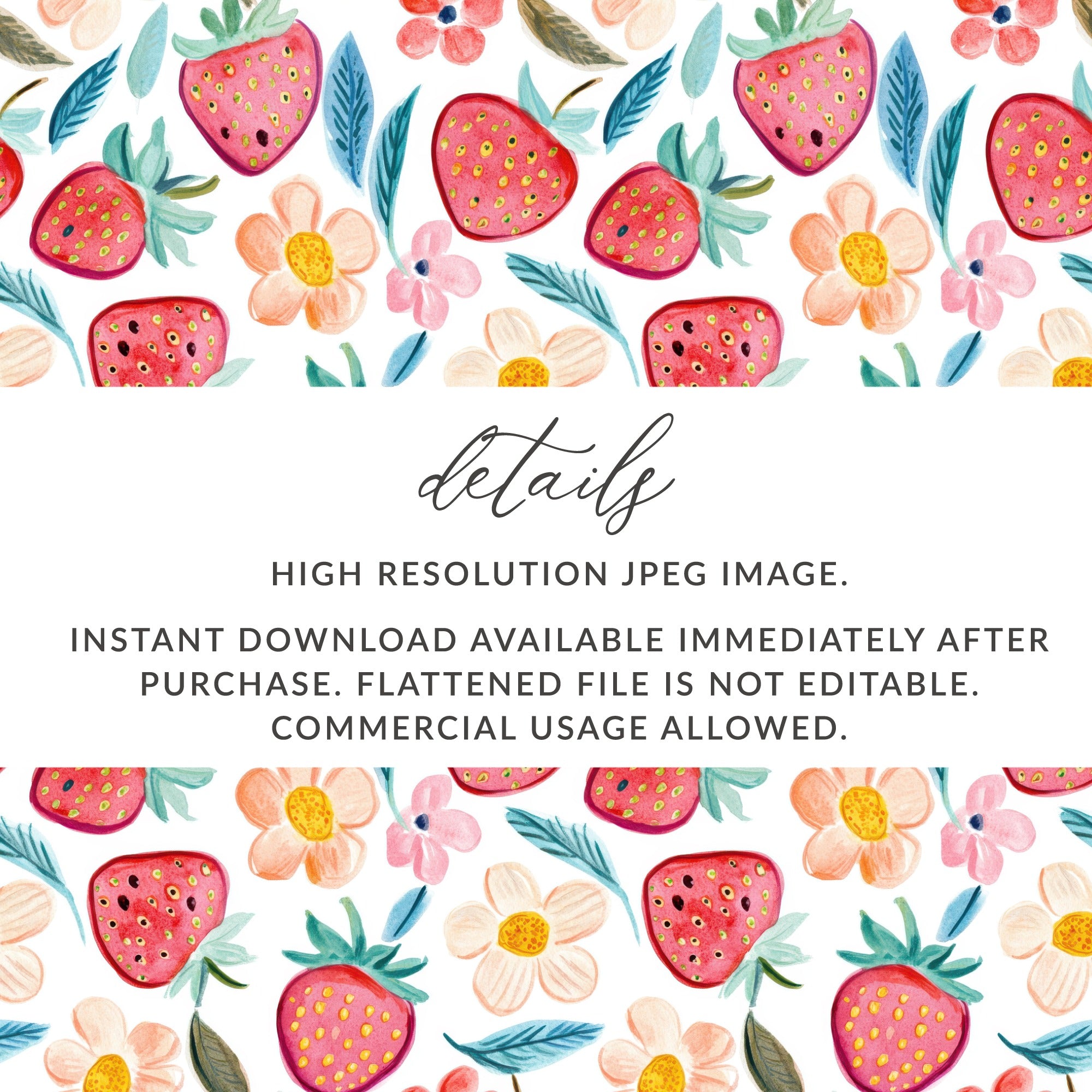 Seamless strawberry and floral pattern, high resolution JPEG.