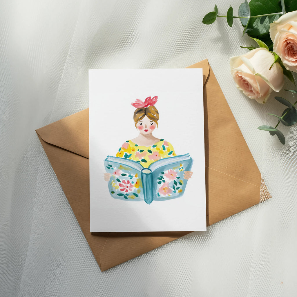 Illustration of a woman reading a book with floral patterns on a greeting card.