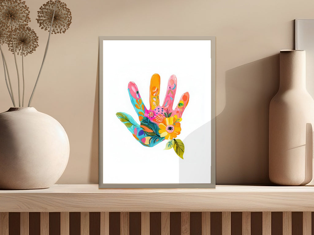 Colorful hand art with floral patterns in a framed print.