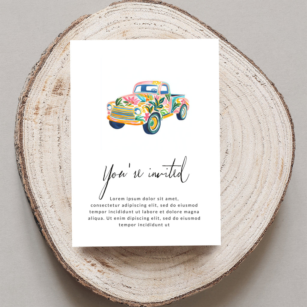 Floral truck invitation with "You're invited" text and placeholder copy.