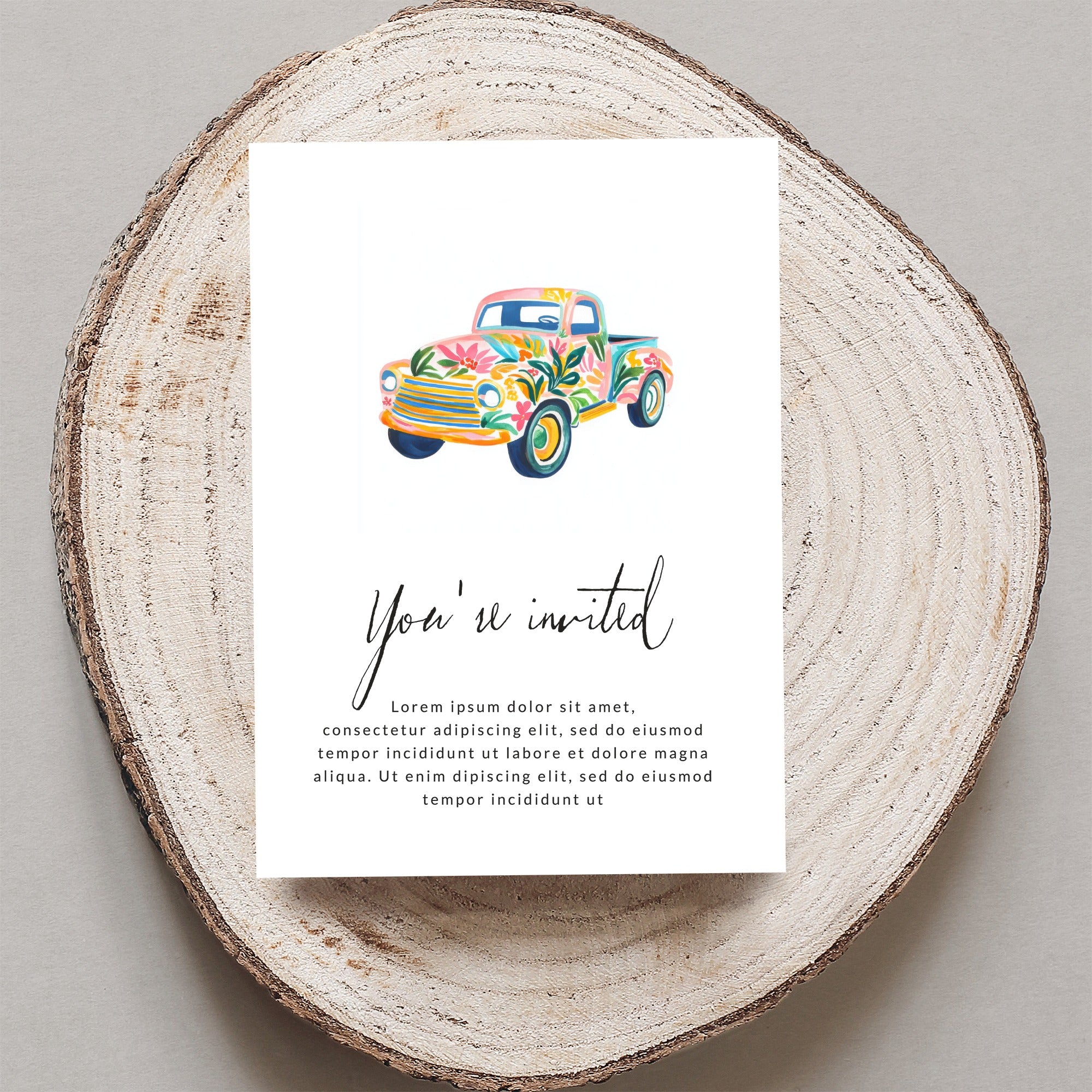 Floral truck invitation with "You're invited" text and placeholder copy.