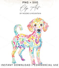 Watercolor poodle with colorful spots, "PNG + SVG" and "INSTANT DOWNLOAD + COMMERCIAL USE" text.