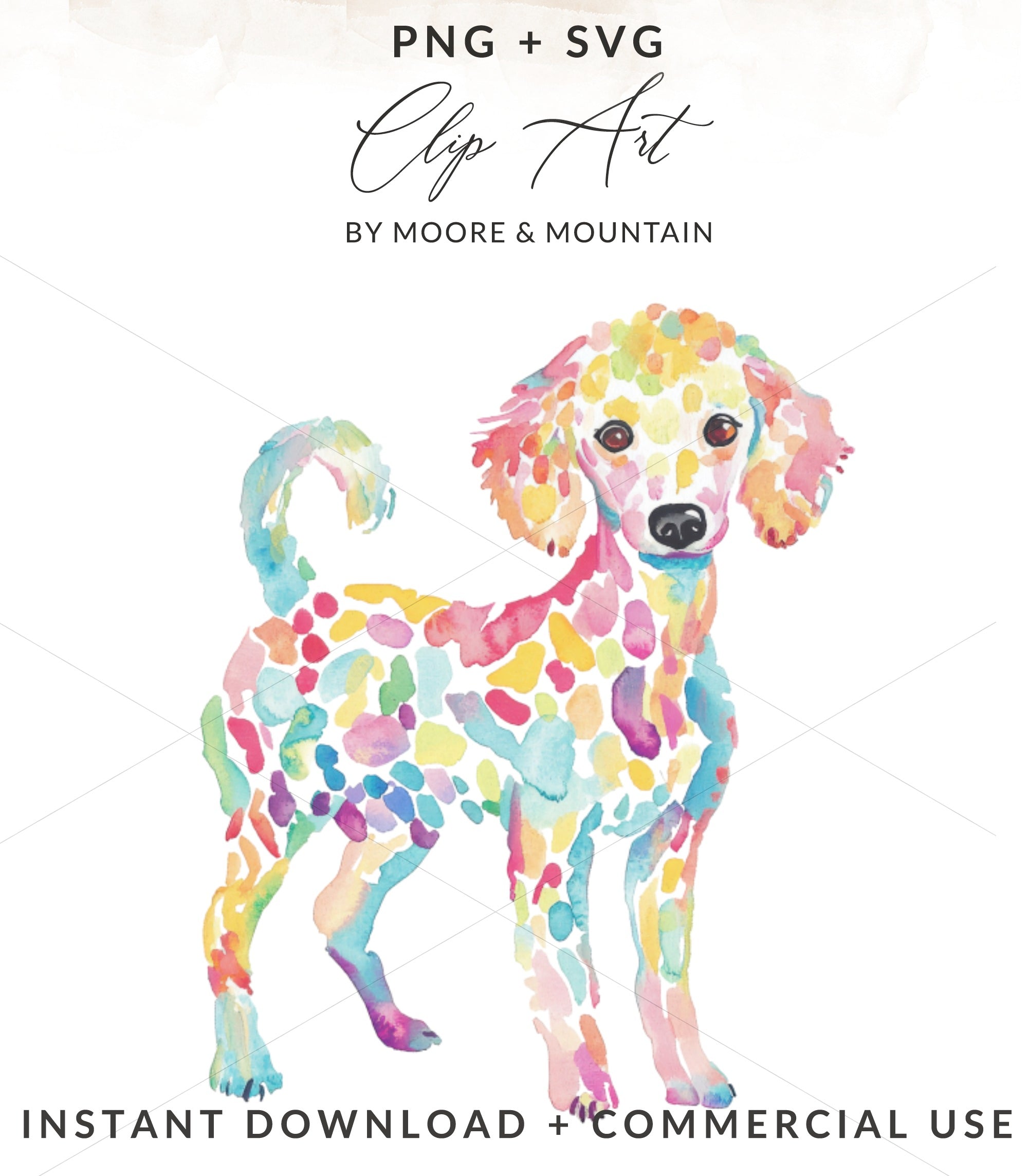 Watercolor poodle with colorful spots, "PNG + SVG" and "INSTANT DOWNLOAD + COMMERCIAL USE" text.