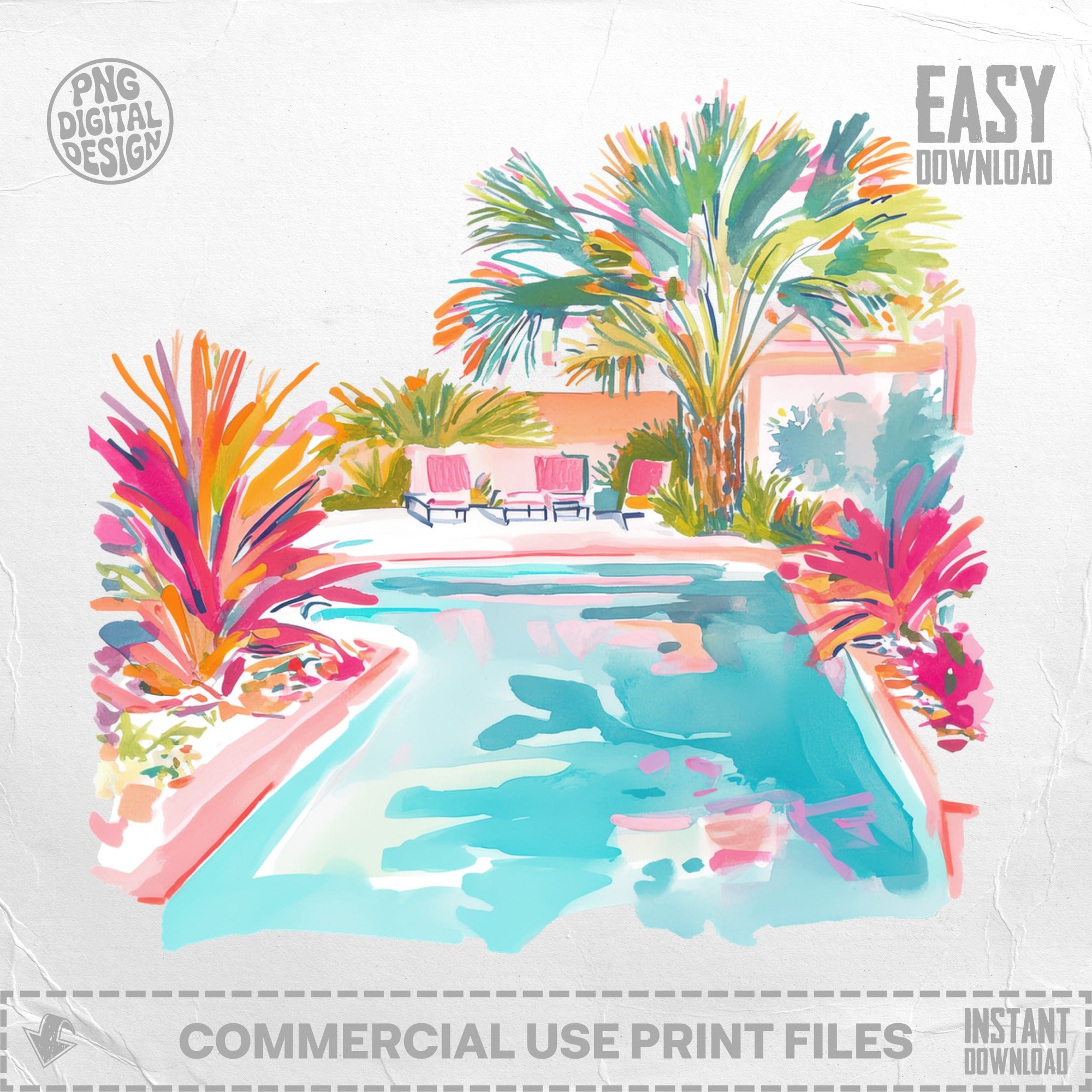 Watercolor illustration of a swimming pool with palm trees and lounge chairs.