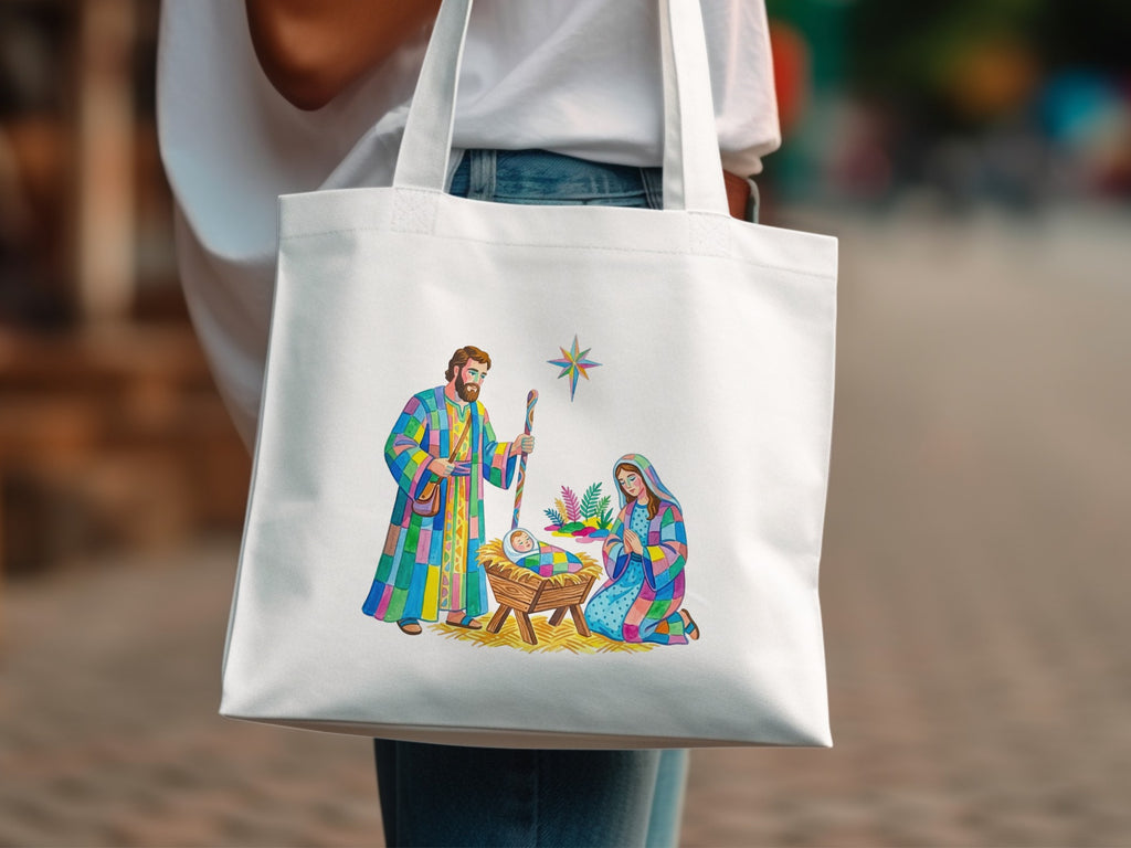 Nativity scene with Mary, Joseph, and baby Jesus on a white tote bag.