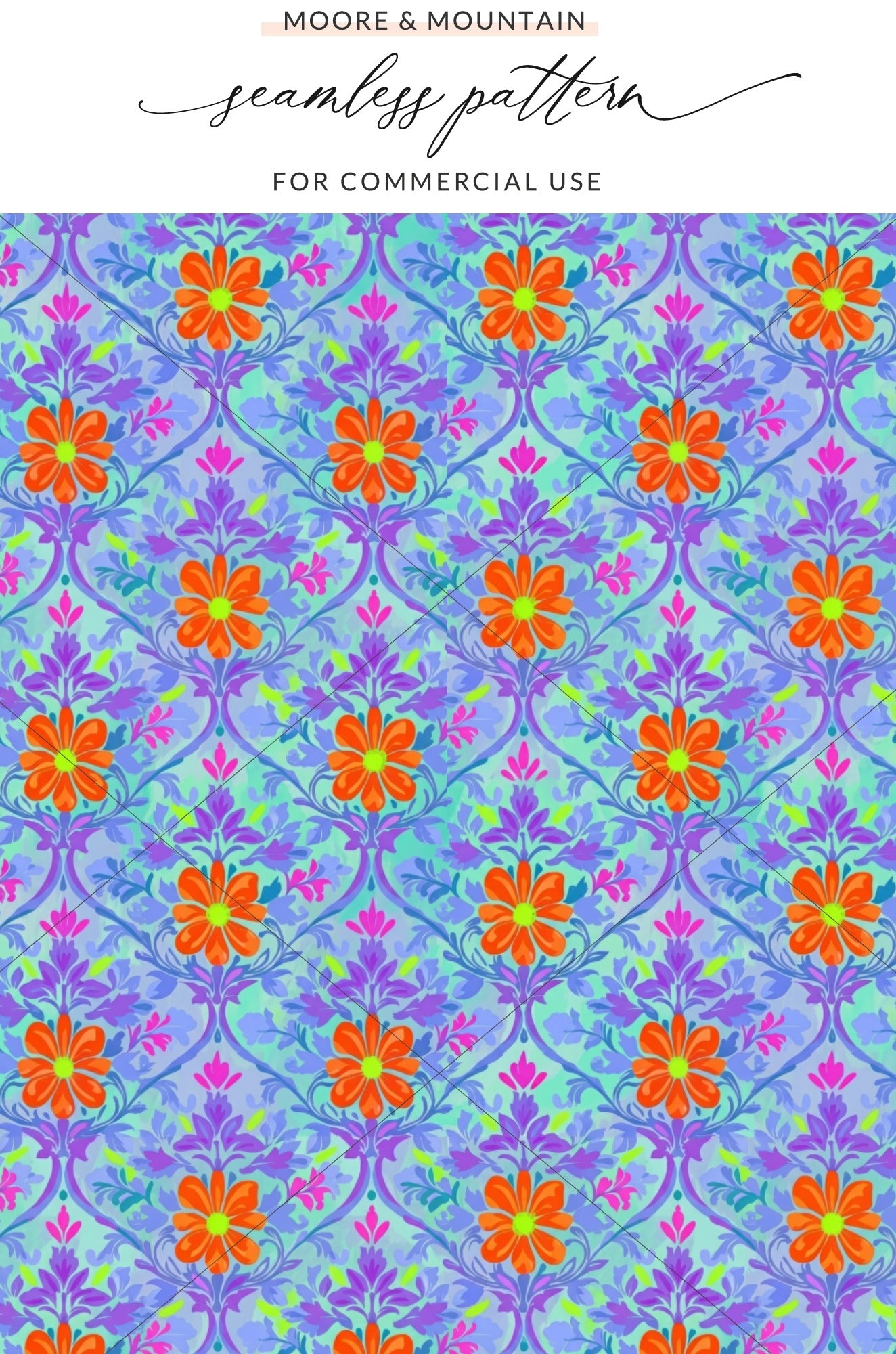 Seamless floral pattern with orange flowers on a blue and purple damask background.