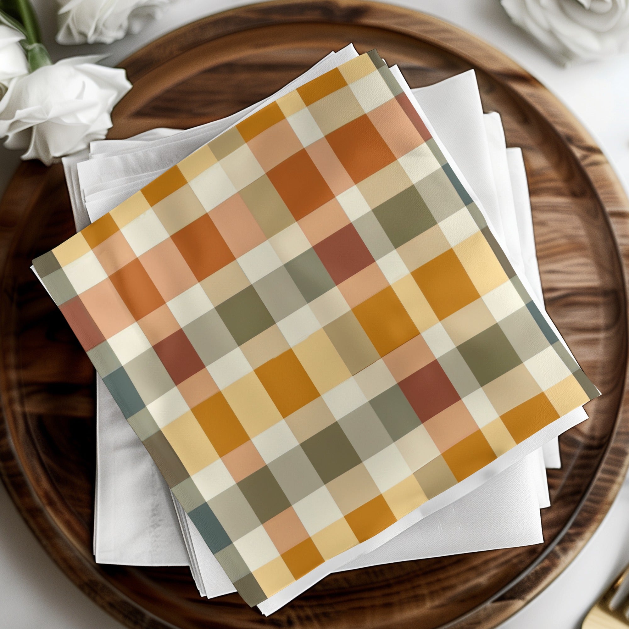 Autumn Plaid Checkered Design Cloth or Paper Napkin Set