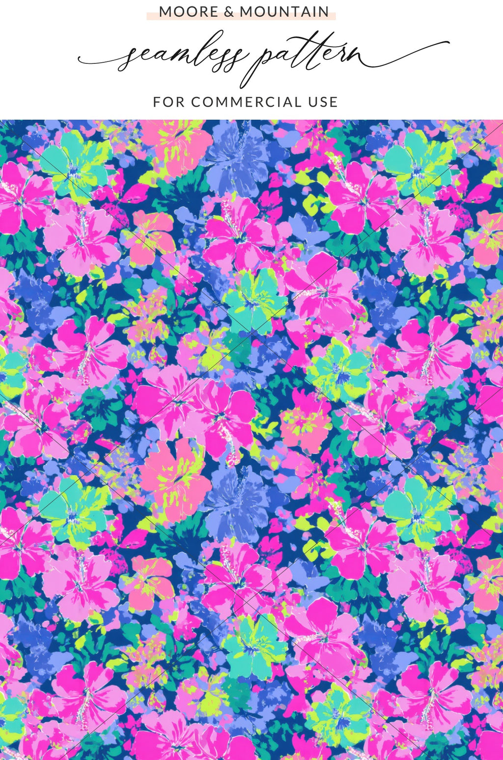 Floral pattern with pink, blue, and yellow hibiscus flowers.