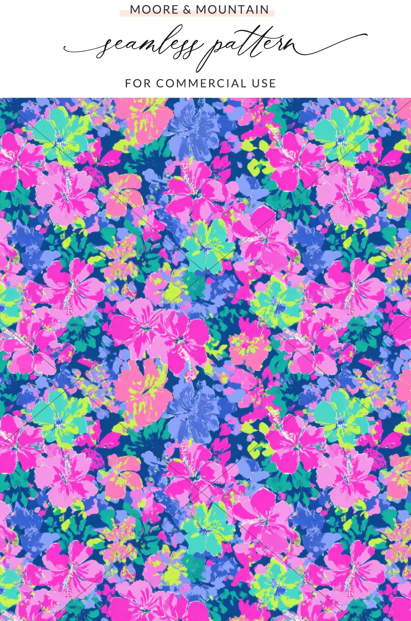 Floral pattern with pink, blue, and yellow hibiscus flowers.