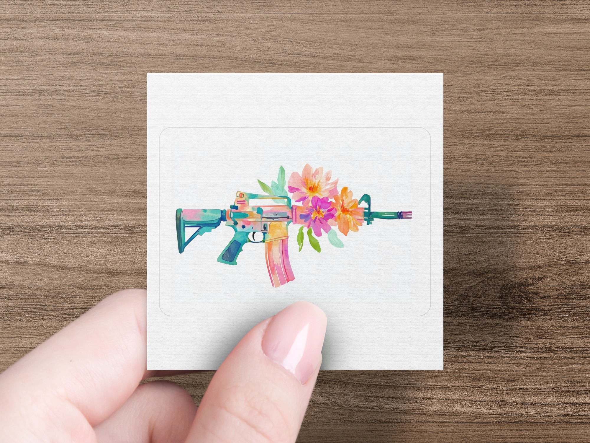 AR-15 rifle decorated with colorful flowers.