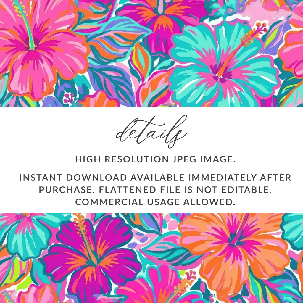 Tropical floral pattern with text about image details.