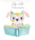 Watercolor illustration of a dog wearing glasses reading a book.