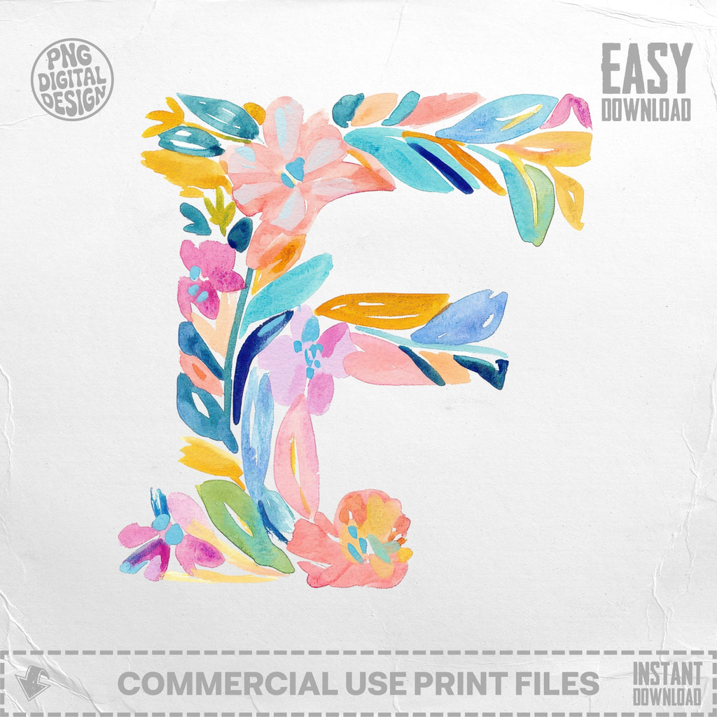 Watercolor letter F with floral and leaf embellishments.