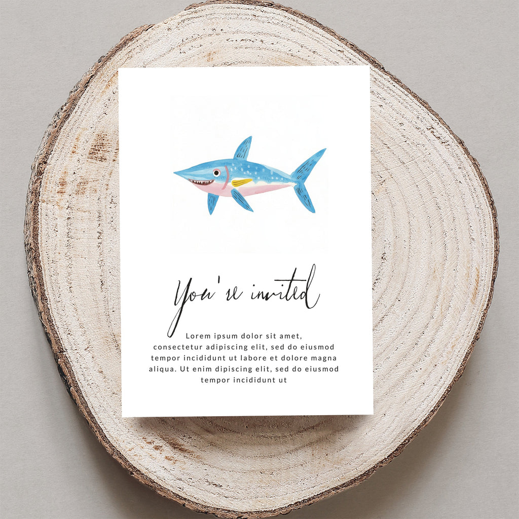 Invitation with a cartoon shark and "You're invited" text.