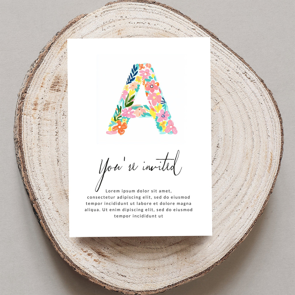 Invitation card with floral letter A and placeholder text.