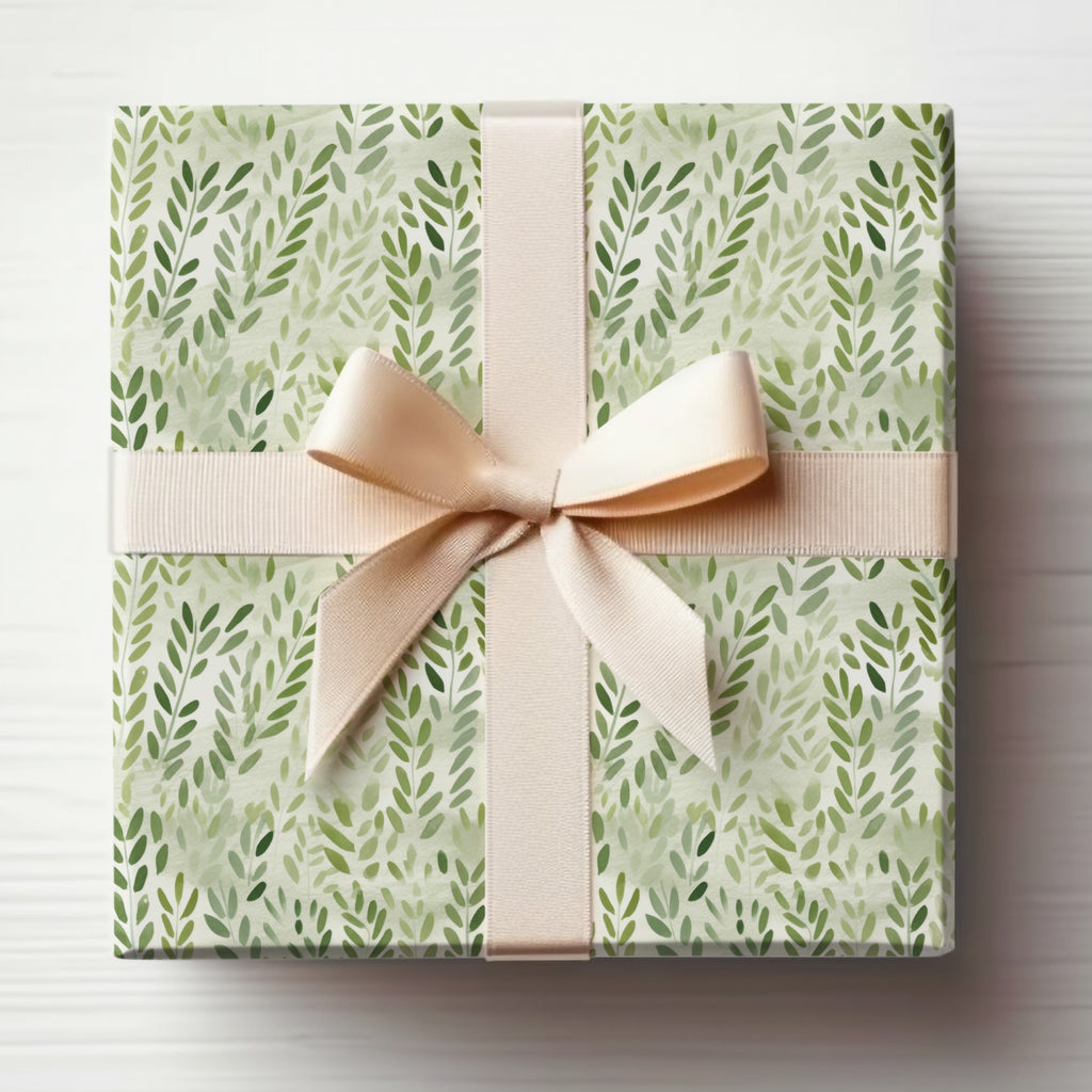 Green Leaf Pattern Gift Wrap with Beige Ribbon