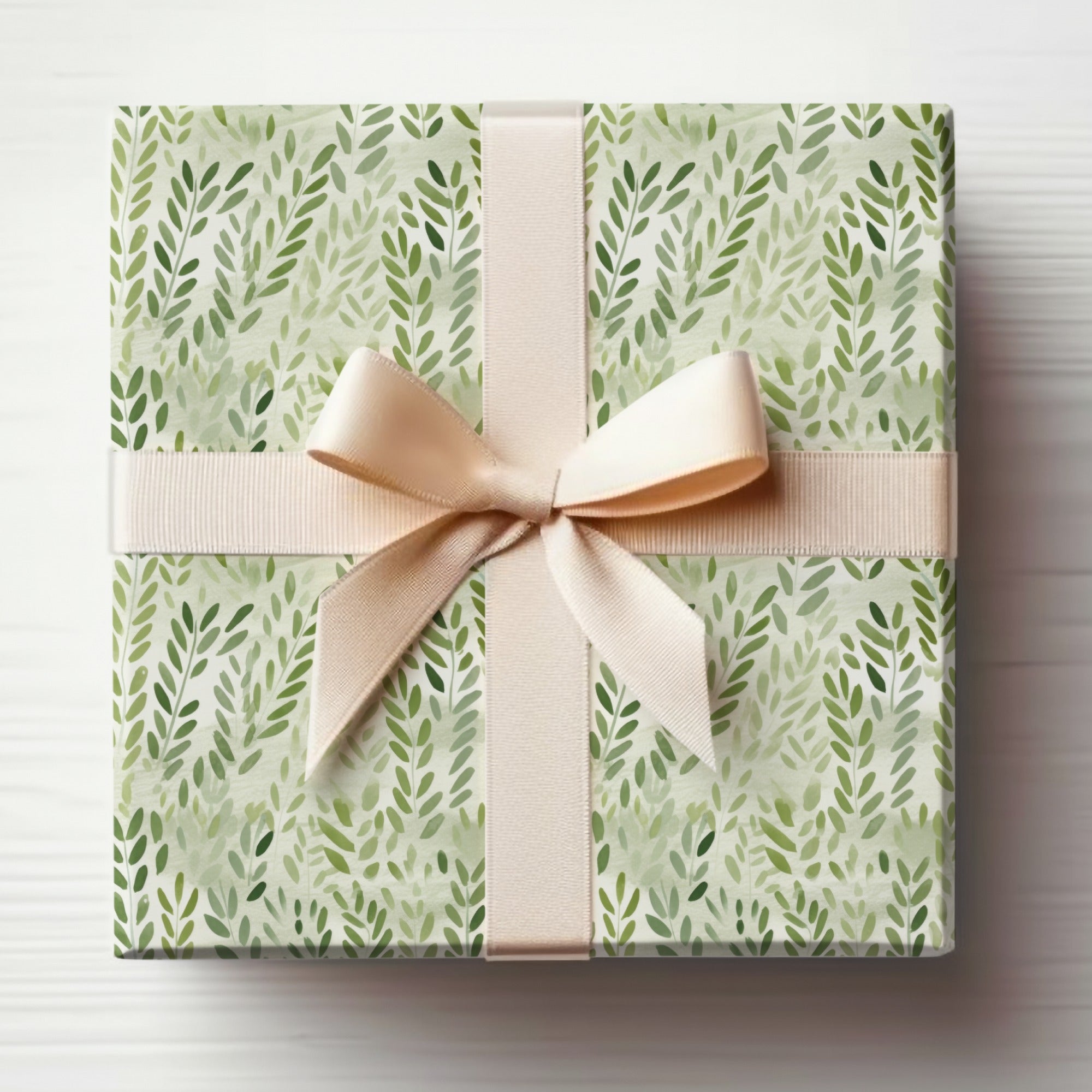 Green Leaf Pattern Gift Wrap with Beige Ribbon