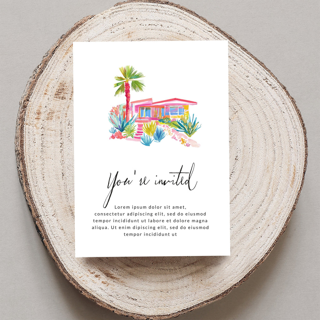 Invitation with watercolor house, palm trees, and "You're invited" text.