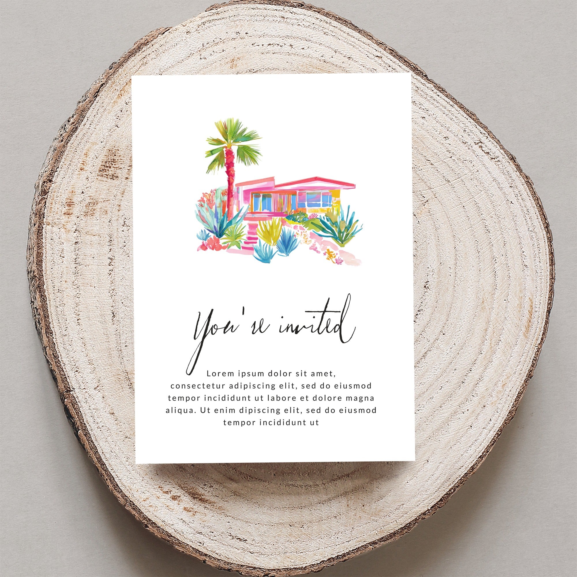 Invitation with watercolor house, palm trees, and "You're invited" text.
