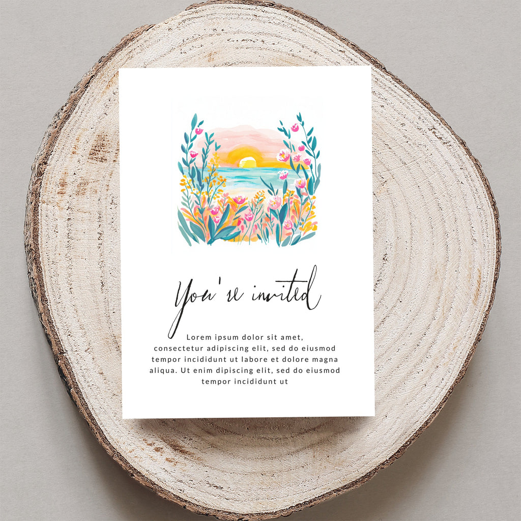 Watercolor invitation with floral border and "You're invited" text.