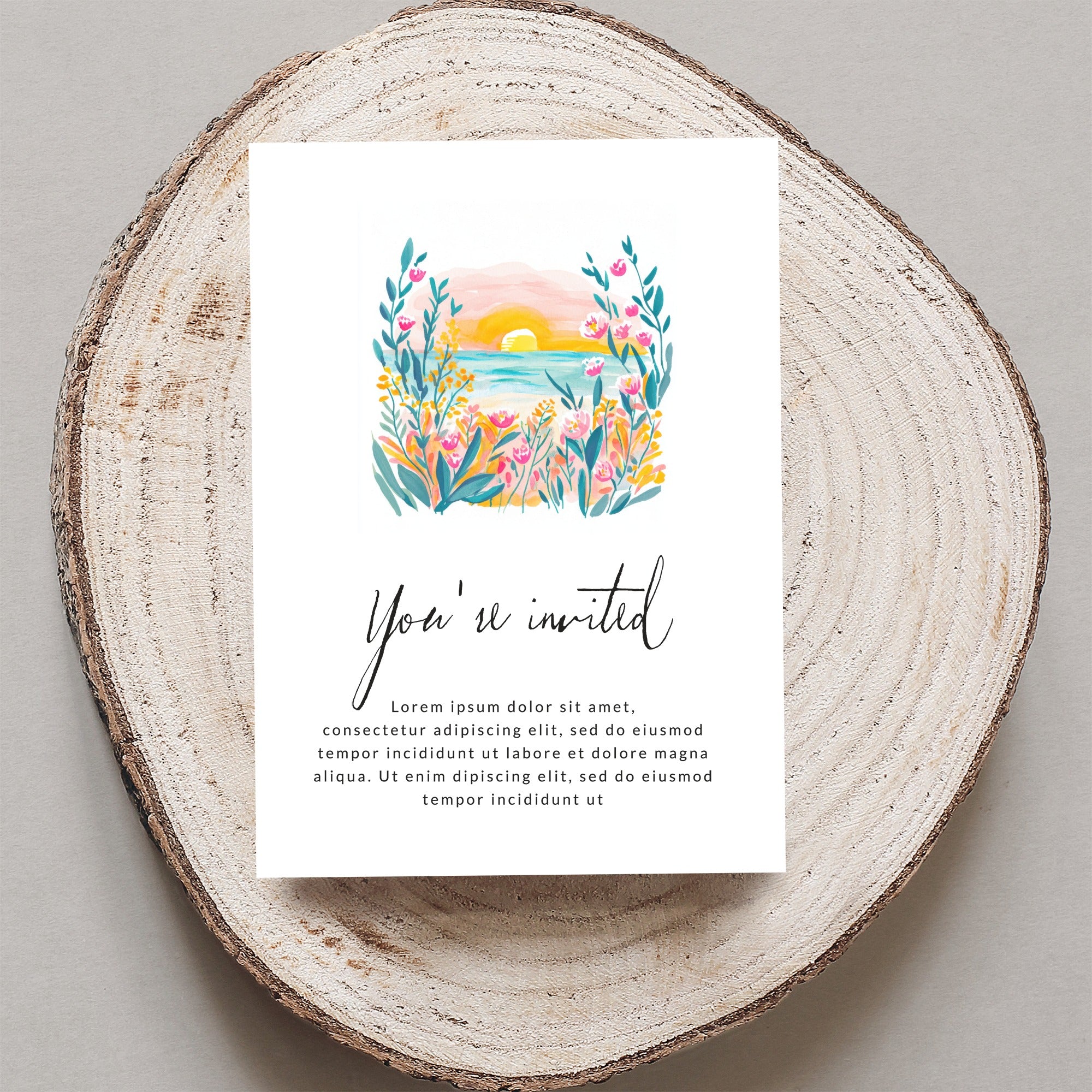 Watercolor invitation with floral border and "You're invited" text.
