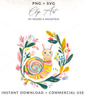 Colorful snail with swirled shell surrounded by floral elements.